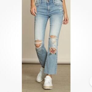 Driftwood Women’s 26 Roxy Kick Flare Cropped Jeans Distressed Embroidered Floral